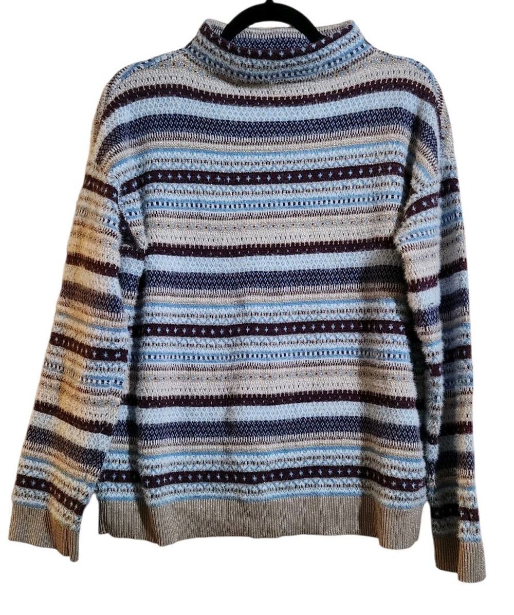 Ann Taylor Womens Sweater Medium Mock Neck Long Sleeve Blue Tan Pullover Striped